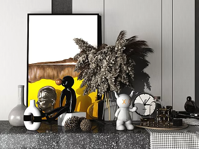 Stylish Decorative Ornament Set With Framed Artwork Dried Pampas Grass Sculptures Vintage Clock And Vases 3d model
