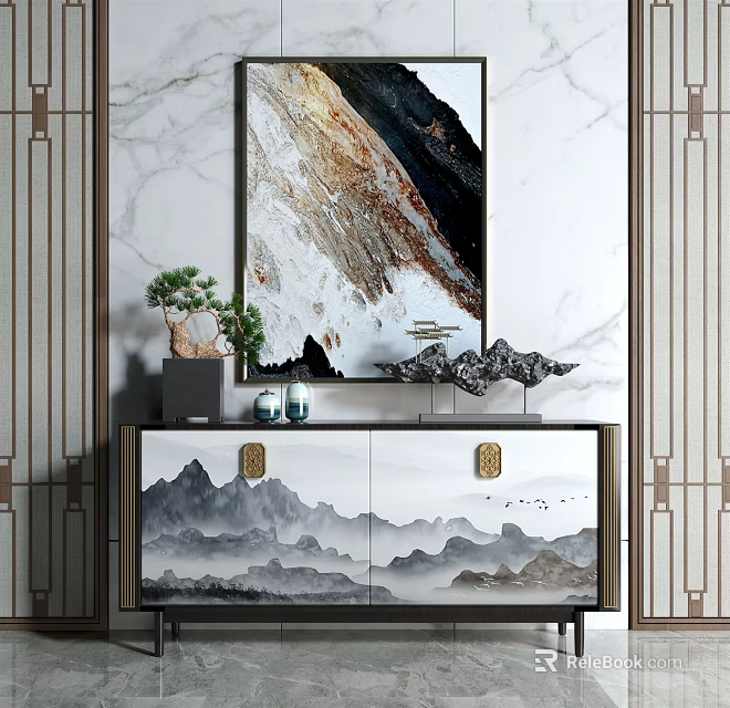 Elegant Entryway Console Table With Chinese Landscape Design And Marble Wall Decor 3d model