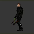 Male Character Wearing Black Leather Jacket And Sunglasses Holding Silver Long And Red Short Guns