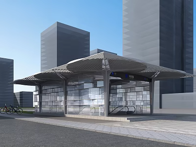 Modern Urban Bus Station With Glass Structure And Metal Roof Near High Rise Buildings 3d model
