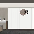 Elegant Modern Bed Background Wall With Wooden White Panels And Round Copper Lamp