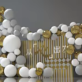 Gold White And Gray Spheres Stacked In Pyramid With Transparent Wine Glass And Geometric Panels