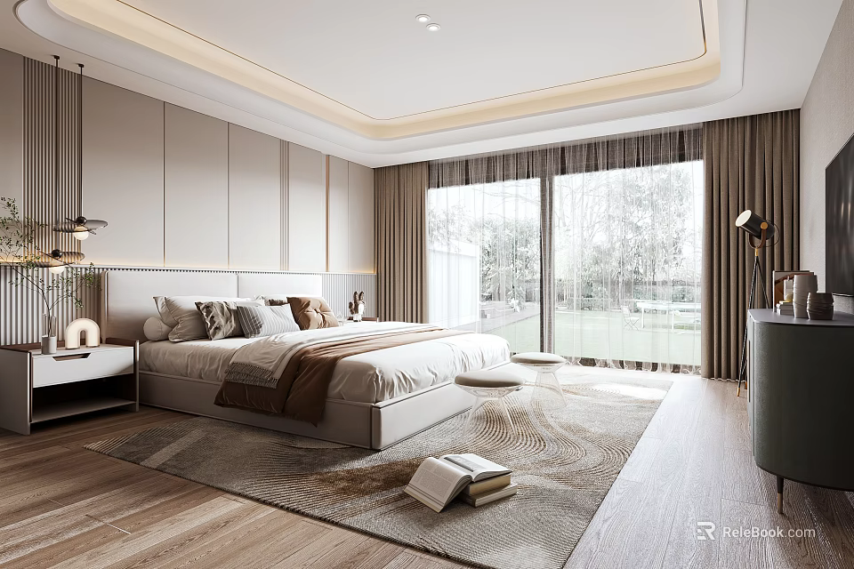 Modern Bedroom Interior With Comfortable Bed Decorative Pillows Area Rug And Large Windows 3d model 