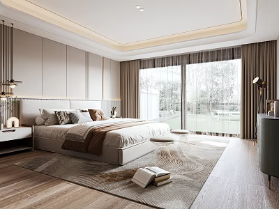 Modern Bedroom Interior With Comfortable Bed Decorative Pillows Area Rug And Large Windows 3d model