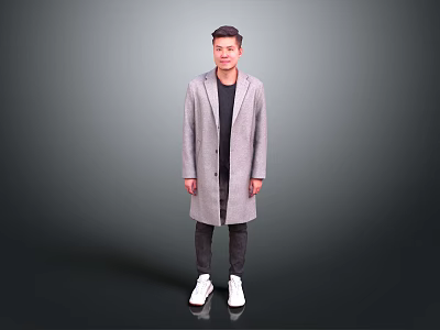 Man Wearing Grey Long Coat Black T-shirt Dark Pants And White Sneakers On Grey Background 3d model