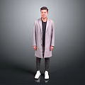 Man Wearing Grey Long Coat Black T-shirt Dark Pants And White Sneakers On Grey Background