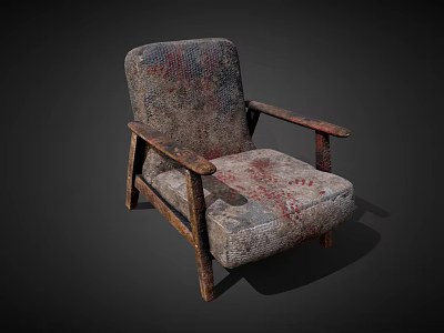 Worn Upholstered Single Seater Armchair With Distressed Fabric And Wooden Arms 3d model