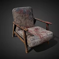 Worn Upholstered Single Seater Armchair With Distressed Fabric And Wooden Arms