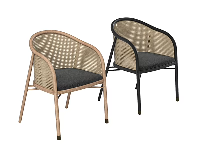 Dining Chairs With Rattan Backrest Cushioned Seat And Light Dark Frame 3d model