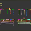 Workshop Equipment Display With Various Axes Hammers On Wooden Workbenches