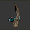 Blue Creature With Pink Tail Hanging On Curved Tree Branch With Green Leaf