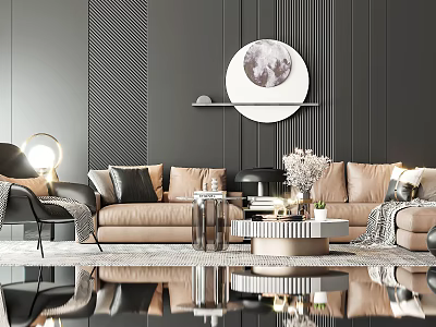 Modern Beige Sofa and Coffee Table Set with Round Moon Art Black Wall Area Rug 3d model