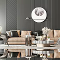 Modern Beige Sofa and Coffee Table Set with Round Moon Art Black Wall Area Rug