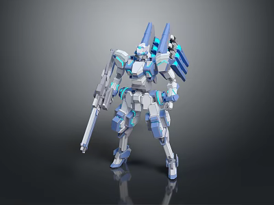 Futuristic Game Movie Mech Character With Blue Silver Armor Long Rifle Back Thrusters 3d model