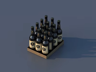 Multiple Wine Bottles And Glasses Placed In Wooden Tray On Gray Background 3d model