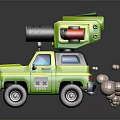 Green Toy Car Featuring Cannon And Equipment On Roof In Cartoon Design