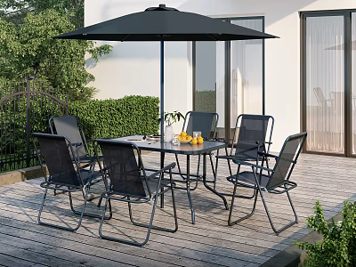 Modern Outdoor Patio Sofa Table Set With Folding Chairs And Large Sun Umbrella For Backyard 3d model