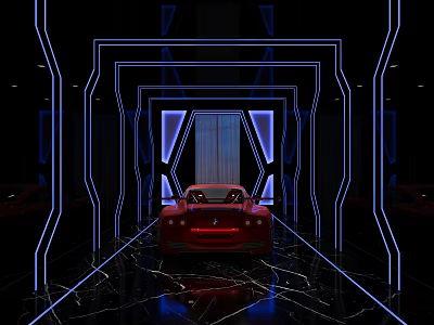 Modern Parking Garage Featuring Red Sports Car Blue Neon Frames And Black Marble Floor 3d model