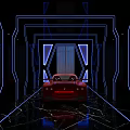 Modern Parking Garage Featuring Red Sports Car Blue Neon Frames And Black Marble Floor