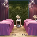 Spa Sauna Room Featuring Massage Beds Pink Sheets Purple Curtains Green Vertical Garden And Chandeliers
