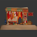 Cartoon Scene of a Market Stall with Colorful Awning Decorative Carpets Figurine and Vibrant Details