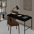 Modern Home Office Desk Setup With Chair Lamp Small Plants And Shelf