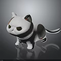 White Cat Plush Toy With Gray Spots Green Eyes Bell And Reflection On Dark Surface