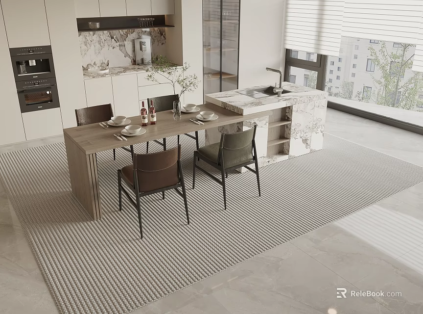 Modern Dining Table Set Interior Design With Chairs Kitchen Island And Cabinets 3d model 