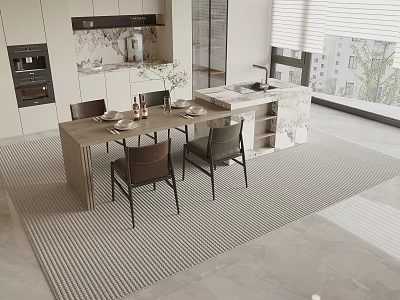 Modern Dining Table Set Interior Design With Chairs Kitchen Island And Cabinets 3d model