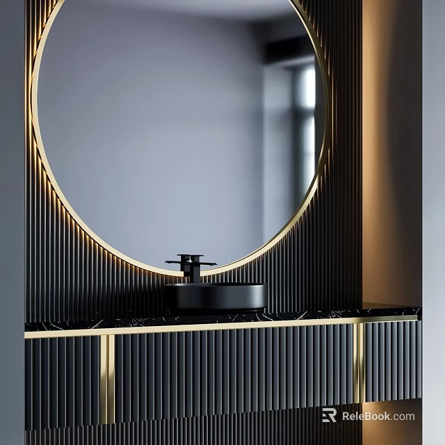 Modern Bathroom Vanity Cabinet with Round Mirror Black Basin and Gold Striped Design 3d model 