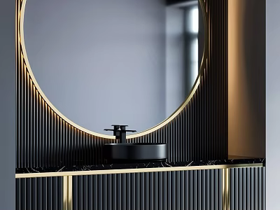 Modern Bathroom Vanity Cabinet with Round Mirror Black Basin and Gold Striped Design 3d model