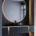 Modern Bathroom Vanity Cabinet with Round Mirror Black Basin and Gold Striped Design