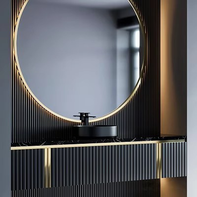 Modern Bathroom Vanity Cabinet with Round Mirror Black Basin and Gold Striped Design 3d model