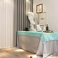 Dining Table With Turquoise Tablecloth White Sculpture Vase Olive Bottle Fruit Fish Green Plant Wall Paintings
