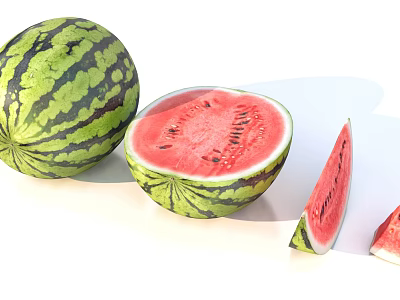 Ripe Whole Watermelon With Juicy Red Flesh Black Seeds And Sliced Pieces 3d model