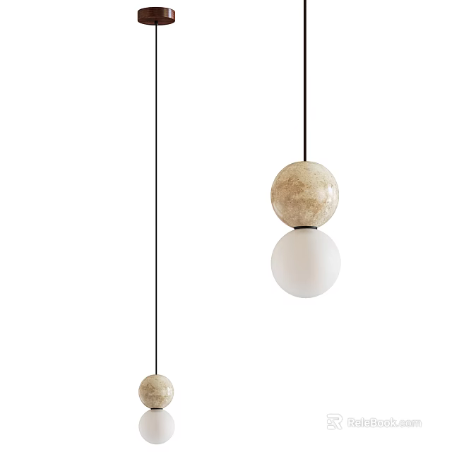 Modern Sleek Pendant Light Design With Double Spheres Beige Marble And White Glass Hanging 3d model 