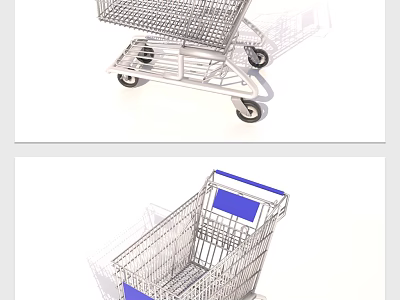 Public Facility Shopping Cart With Metal Frame Blue Panels And Wheels 3d model
