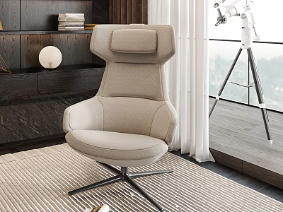 Beige Fabric Leisure Chair With High Back Swivel Base Wooden Cabinet And White Curtains 3d model