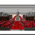 Elegant Red Theme Banquet Hall With Red Carpet Roses Chandeliers Tables And Stage Arch