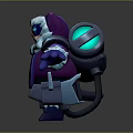 Game Movie Character With Purple Coat White Fur Wearing Goggles Blue Details Carrying Blue Box