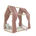 Kids Bed With Pink Canopy Wooden Frame Animal Pillow Heart Cushion And Patterned Bedspread