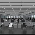 Modern Public Office Space with Desks Computers Office Chairs Large Windows and Green Plants