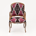 Elegant Classical Armchair With Pink Black Diamond Pattern Upholstery And Wooden Carved Armrests