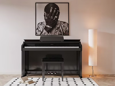 Elegant Black Piano with Framed Painting Stool Floor Lamp and Patterned Rug in Modern Interior 3d model