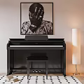 Elegant Black Piano with Framed Painting Stool Floor Lamp and Patterned Rug in Modern Interior