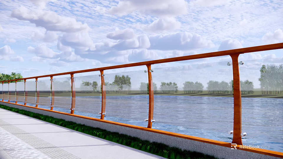 Glass Railing With Orange Frame Along River View And Green Trees Under Cloudy Sky 3d model 