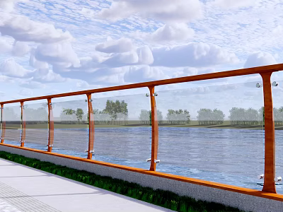 Glass Railing With Orange Frame Along River View And Green Trees Under Cloudy Sky 3d model