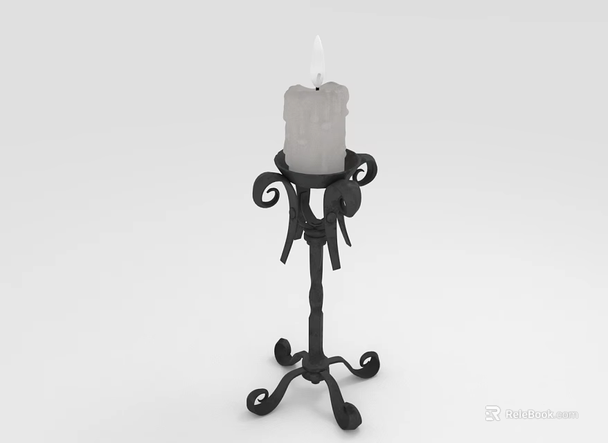 Black Metal Candle Lamp With Decorative Scrollwork And Lit White Candle 3d model 