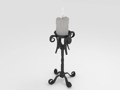 Black Metal Candle Lamp With Decorative Scrollwork And Lit White Candle 3d model
