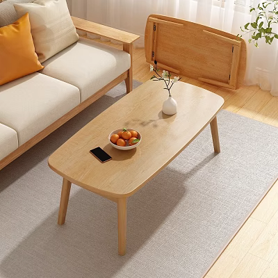 Light Wood Coffee Table With Fruit Bowl Mobile Phone And Vase In Living Room 3d model
